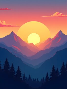 The sun sets behind the mountains, illuminating the sky with vibrant colors and enhancing the natural beauty of the scene flat illustration.
