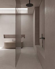Beige bathroom interior with shower and mirror, concrete floor, bathtub. Bathing accessories and window at the ceiling.
