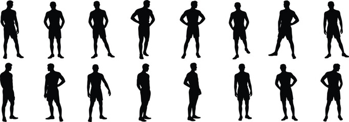 Set of 16 vector silhouettes of men in various poses, standing, body outline, isolated on transparent background, male figures in different positions, black silhouettes, business, fashion, lifestyle.