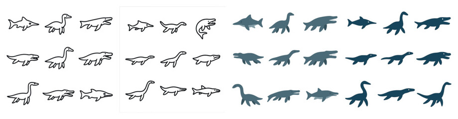 Fototapeta premium Dinosaur silhouette icons set – solid, outline, prehistoric creature symbols