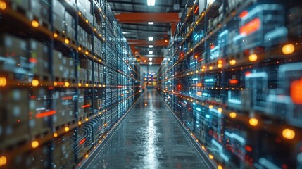 Fototapeta premium A captivating view of a high-tech warehouse filled with shiny goods, enormous shelves, and striking LED lights creating a dynamic and futuristic atmosphere.