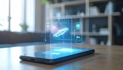 Phone displaying bright, layered holographic data on a wood table with blurry modern interior