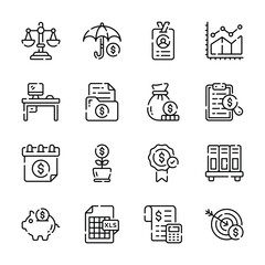 Handy set of line icons showing accounting services and money planning
