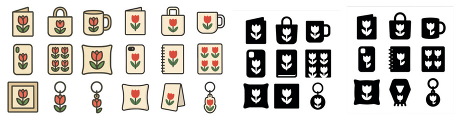 Floral gift shop flat icons set – outline, filled, boutique and retail symbols