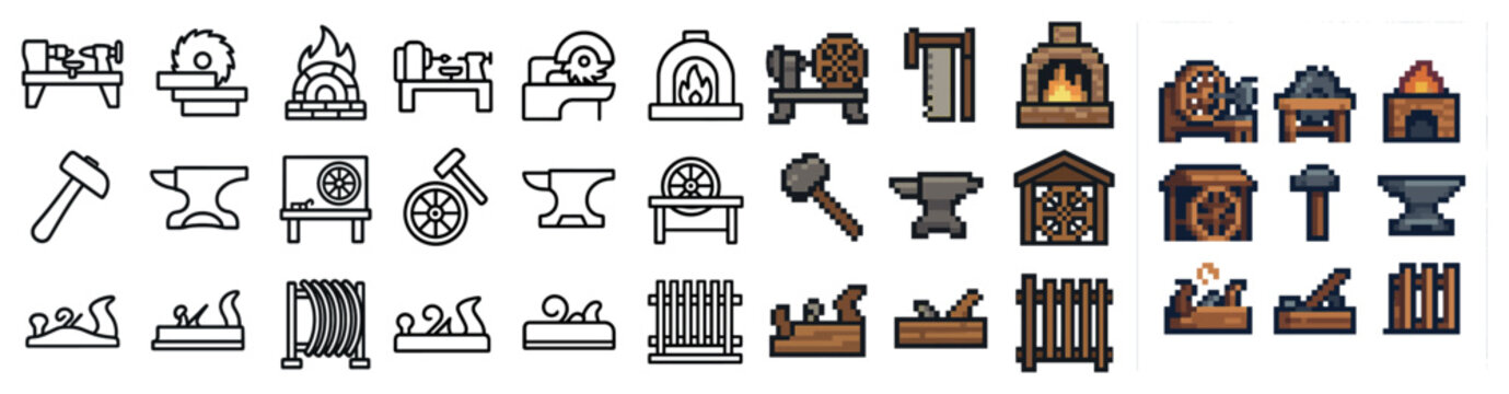 Carpentry and blacksmithing icons set &ndash; pixel art, outline, tools and crafts symbols