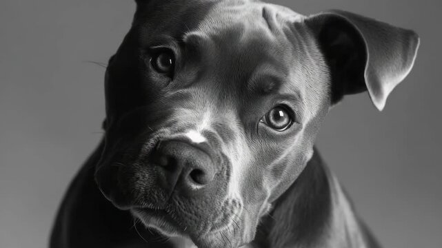 Cute pitbull puppy looking at the camera with a sad or curious expression.