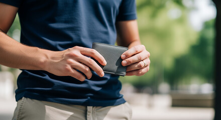 Man holding a gray wallet outdoors in a casual setting