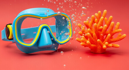 Close-up of a colorful child diving mask and coral-shaped toy with bubbles on a bright coral red background
