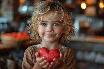 A delightful image of a happy child holding a heart-shaped object, showcasing innocent joy and love, perfect for representing childhood happiness.