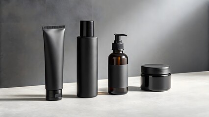 Elegant black cosmetic containers on grey surface mockup