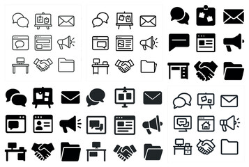 Business communication icons set &ndash; outline, flat, corporate and meeting symbols