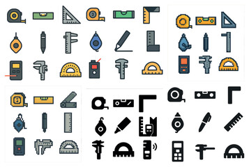 Construction and measurement icons set: pixel art, tools and building symbols