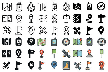 Navigation and location flat icons set – map, gps, wayfinding symbols