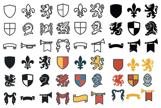 Heraldry symbols icons set – flat, outline, medieval and coat of arms designs