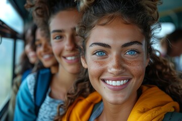 Fototapeta premium A cheerful group of friends smiles brightly while enjoying a journey together, capturing the spirit of friendship, joy, and unforgettable experiences.