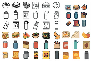 Food and snacks icons set &ndash; outline, pixel art, culinary and dining graphics
