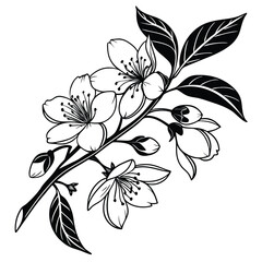 A beautiful floral branch exhibits blooming flowers and lush leaves in stark black lines