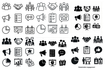 Naklejka na ściany i meble Stakeholder engagement icons set – solid, pixel art, collaboration symbols