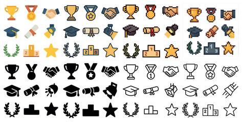 Achievement and awards icons set &ndash; pixel art, trophies, medals and recognition symbols