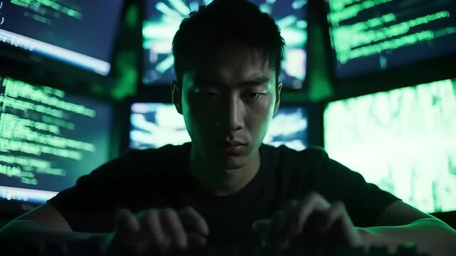 Hacker-themed cinematic scene in a secret basement, multiple monitors showing Linux terminals and raining matrix-style code