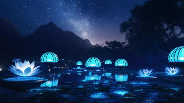 Landscape  of nighttime illuminated pond with zen lights and reflection, set against a mountain backdrop under the starlit sky.