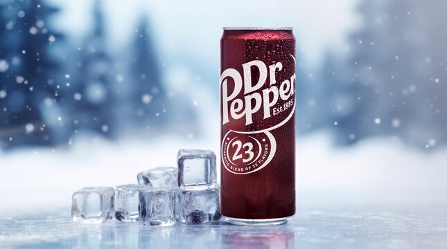 Can of Dr Pepper soft drink with ice cubes in winter setting