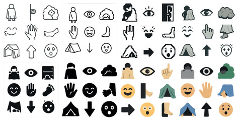Emotions and gestures icons set – flat, solid, hand and face symbols