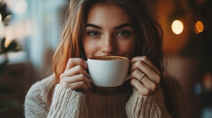 Closeup portrait of woman drinking coffee in the morning at home Generative Ai