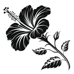 Stylized hibiscus flower with leaves and stem is depicted in elegant monochrome silhouette
