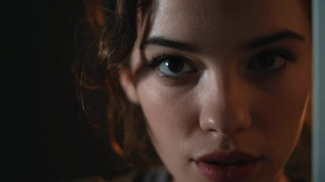 Beautiful young woman with curly hair and dark eyes hiding behind a door and peeking through the gap, creating a suspenseful and mysterious atmosphere