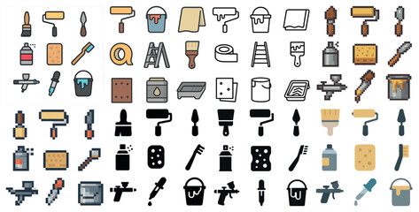Home improvement tools icons set – pixel art, renovation, repair graphics