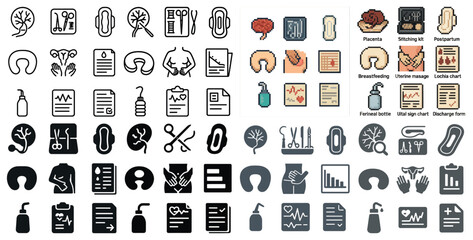 Healthcare and medical icons set – pixel art, outline, health and wellness symbols