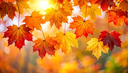Bright autumn maple leaves in shades of orange, red, and yellow hang against a softly blurred background illuminated by warm sunlight.