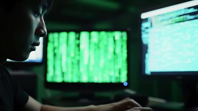 Hacker-themed cinematic scene in a secret basement, multiple monitors showing Linux terminals and raining matrix-style code