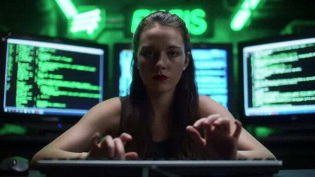 Hacker-themed cinematic scene in a secret basement, multiple monitors showing Linux terminals and raining matrix-style code