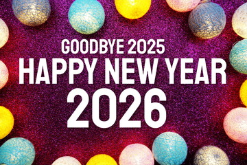 Happy New Year 2026 text and LED cotton balls decoration on pink glitter background