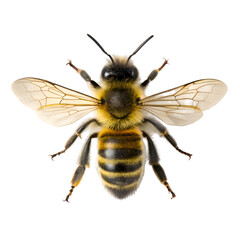 Detailed Honeybee Closeup Photography Showing Wing Texture and Body Hair against Black Background...