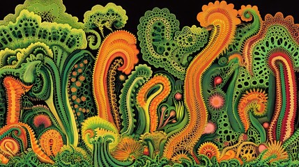 Abstract Floral Landscape with Spirals and Tentacles on Dark Background