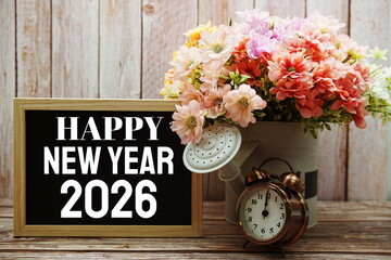 Happy New Year 2026 typography text on blackboard with alarm clock and flower in watering vase