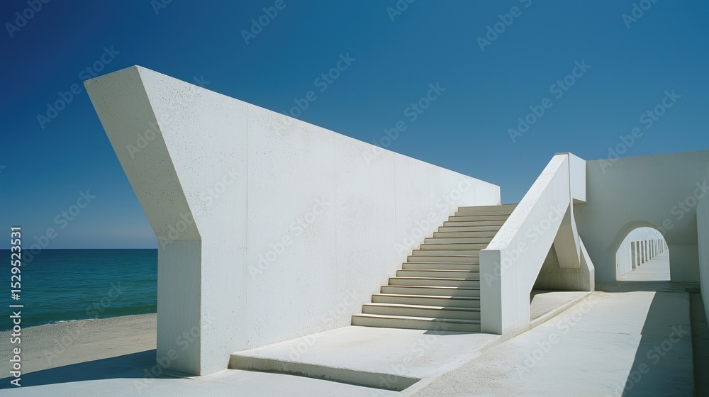 Poster modernist concrete structure with geometric shadows overlooking a calm ocean under clear blue sky