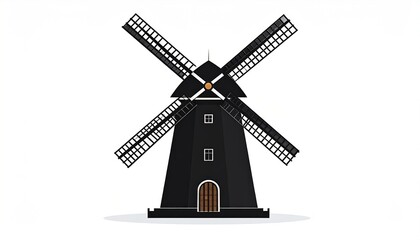 Stylized Black Windmill Isolated on White, Providing Energy for Generations