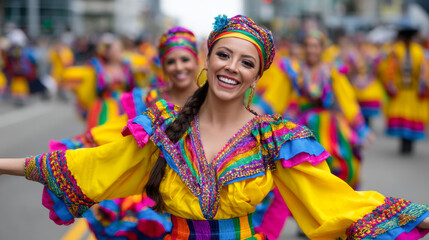 Fototapeta premium Colorful dancers celebrate cultural heritage at vibrant Latin American street parade