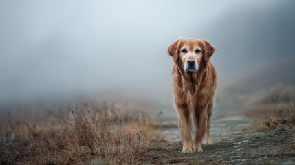 Golden retriever walking through a misty landscape in the early morning light