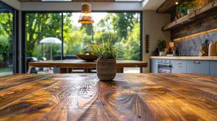 Fototapeta premium A rustic wooden kitchen table adorned with a small plant, inviting natural light and warmth, emphasizing themes of home-cooked meals and cozy gatherings.