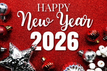 Happy New Year 2026 alphabet letter with Christmas decoration on red glitter background