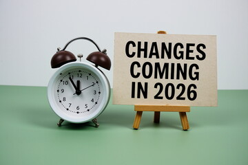Changes coming in 2026 text on paper card with alarm clock on green background