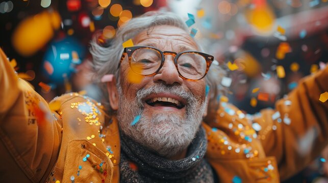 An elderly man revels in the moment, celebrating joyfully with confetti falling around him, showcasing the beauty of aging gracefully while enjoying life to the fullest.