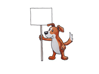 Cartoon of a dog holding a poster. Funny drawing of a dog. Protesting animal