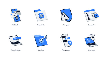 Isometric Cybersecurity and Data Protection Icon Set. Password, Folder, Mobile Security, Code and System Safety. Editable Vector for App, Web, Infographics and Animation.