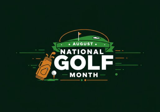 august national golf month banner with green and orange tones. bag, ball, club and course elements. sports celebration. print design, promotional poster. - Powered by Adobe